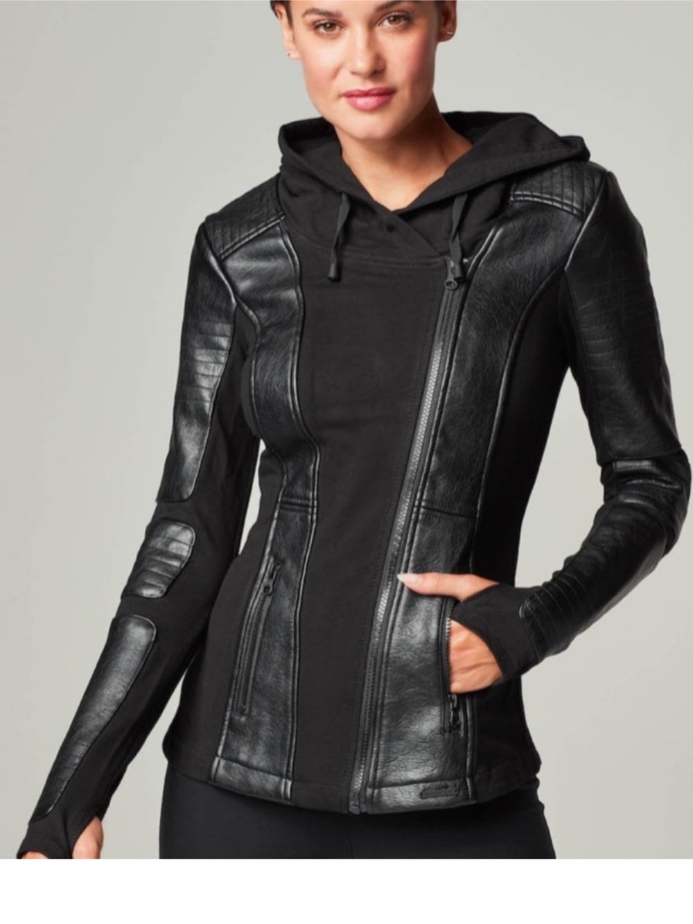 BLANC NOIR  Black Hooded Size L  Mixed Material Moto Jacket Faux Leather Panel